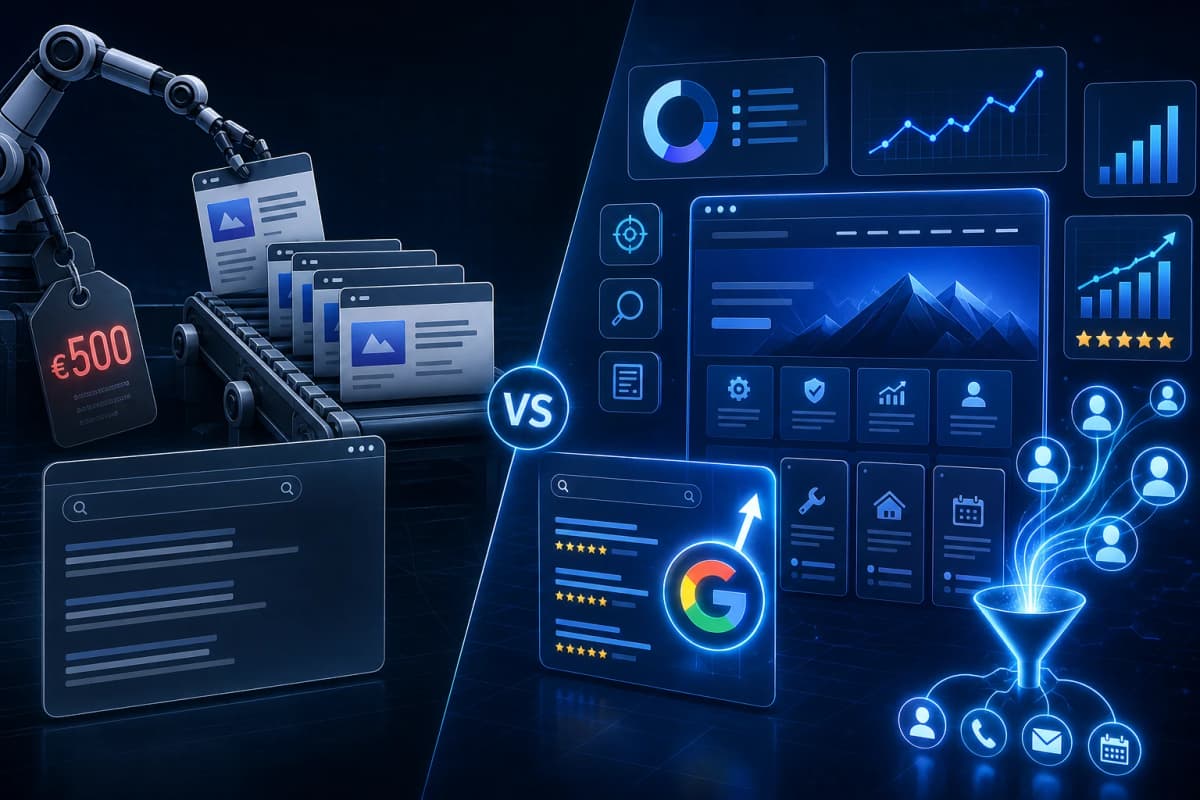 Ilustrație despre diferența dintre site ieftin generat cu AI și site optimizat strategic cu AI