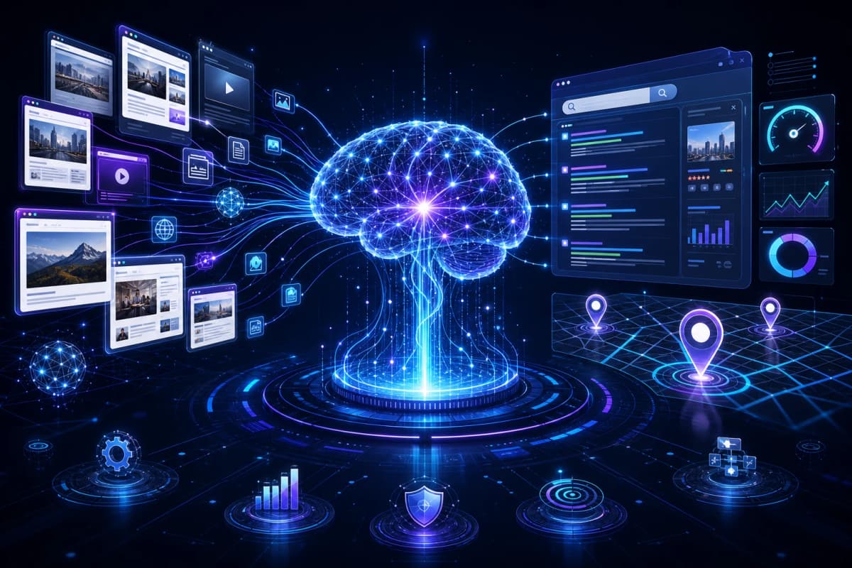 Ilustrație abstractă despre SEO în 2026 — AI, căutare locală și conținut valoros